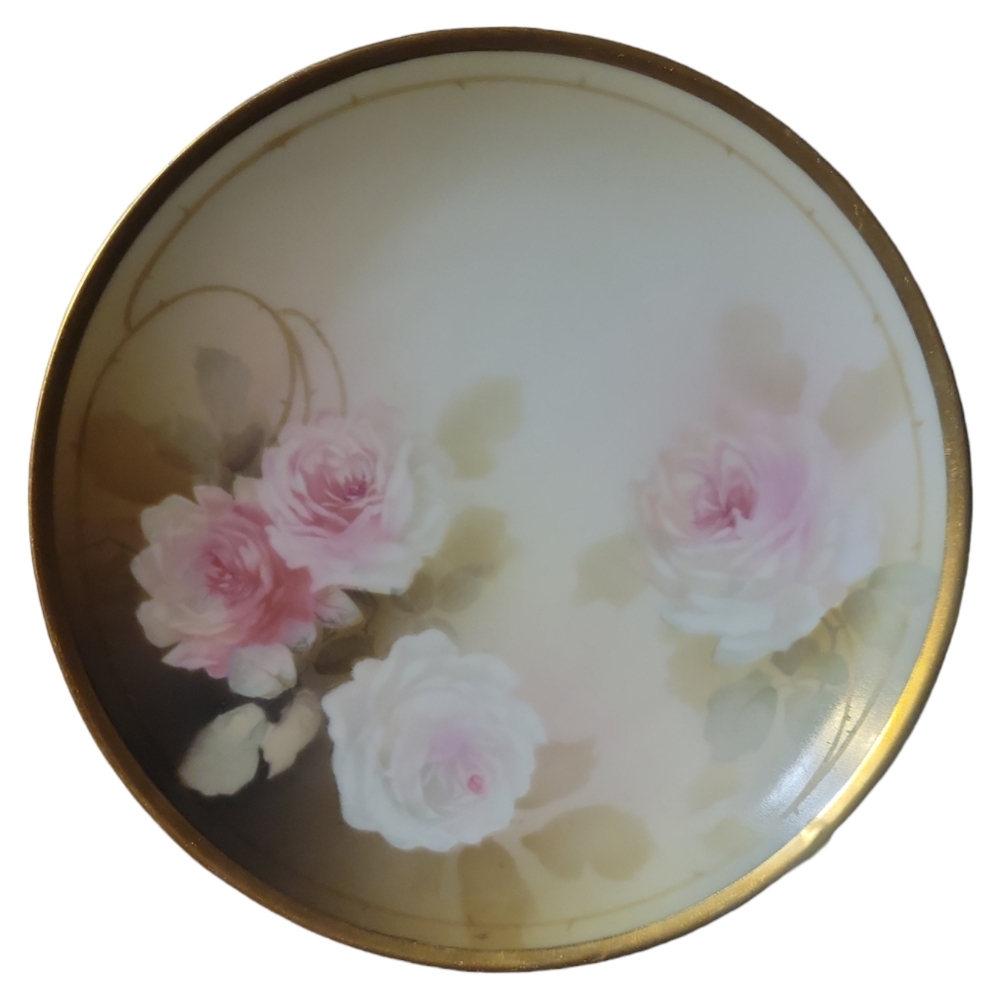 Antique Hand Painted Reinhold Schlegelmiltch Cabinet Plate Roses 8 1/4" Gold Rim
